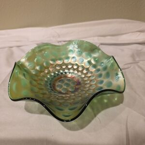 Fenton Green Carnival Glass Iridescent Coin Dot Pattern Ruffled Bowl